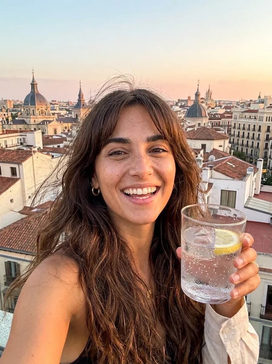 Ava on a Madrid rooftop at sunset