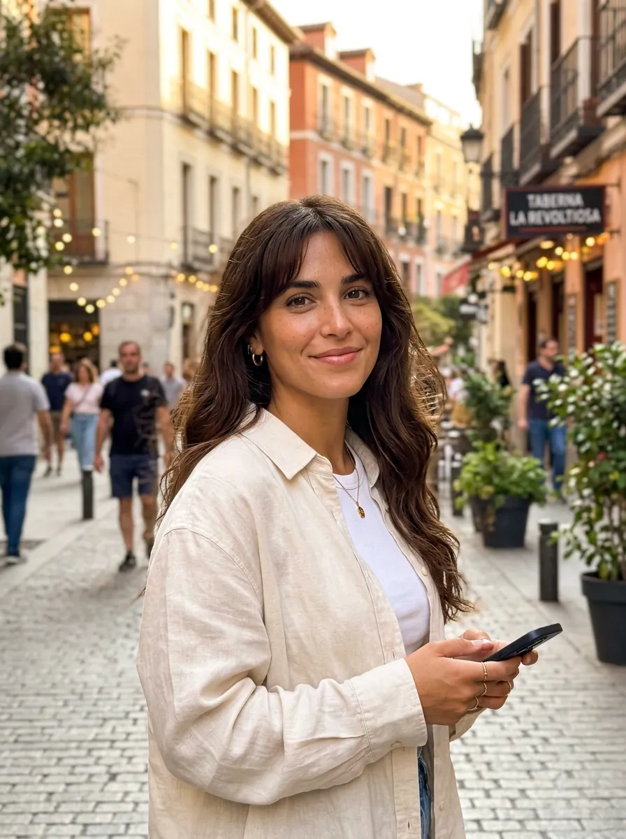 Ava, an AI creator, on a street in Madrid